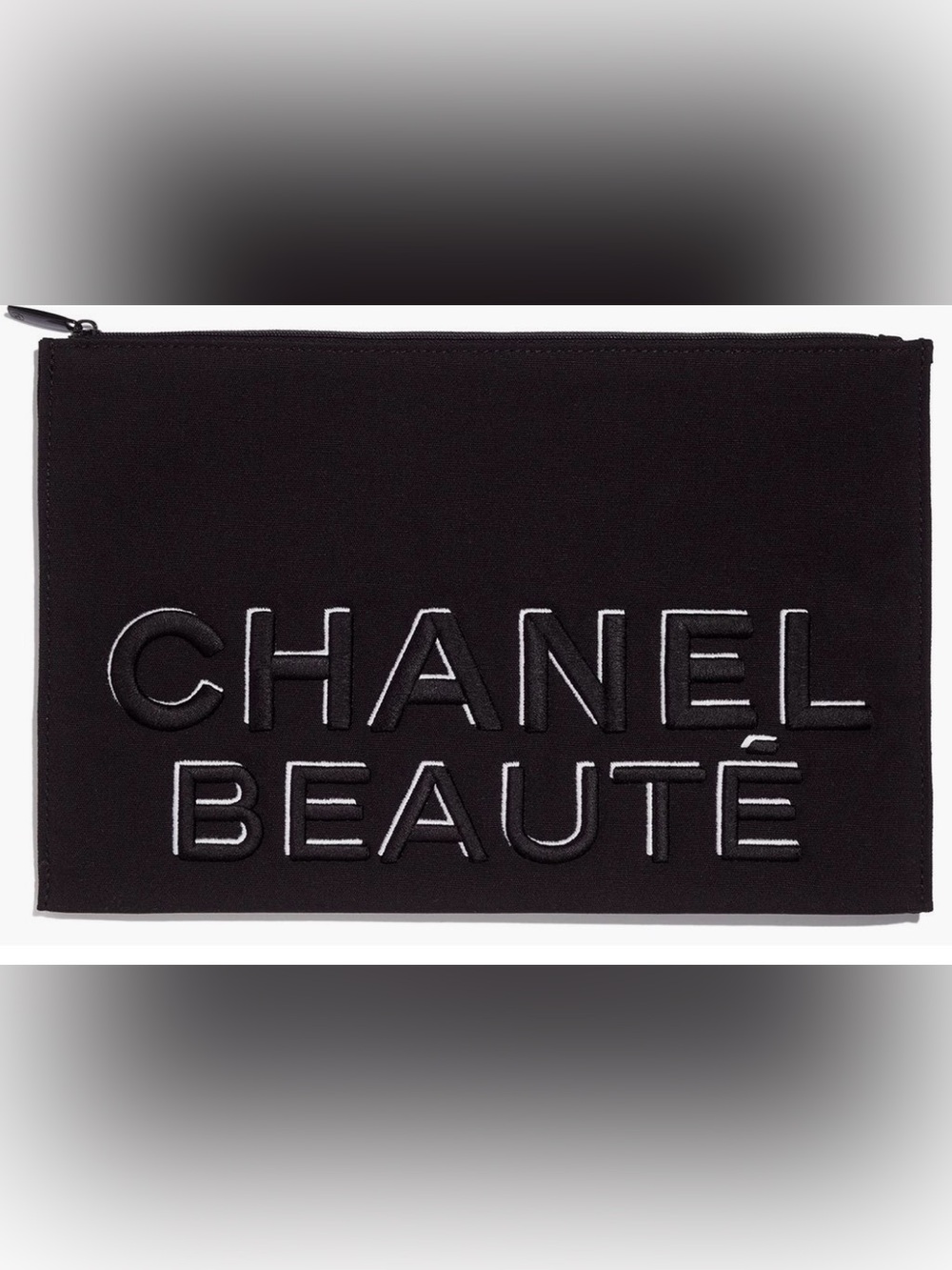 CHANEL Black Cosmetic Pouch with White Embroidered Logo